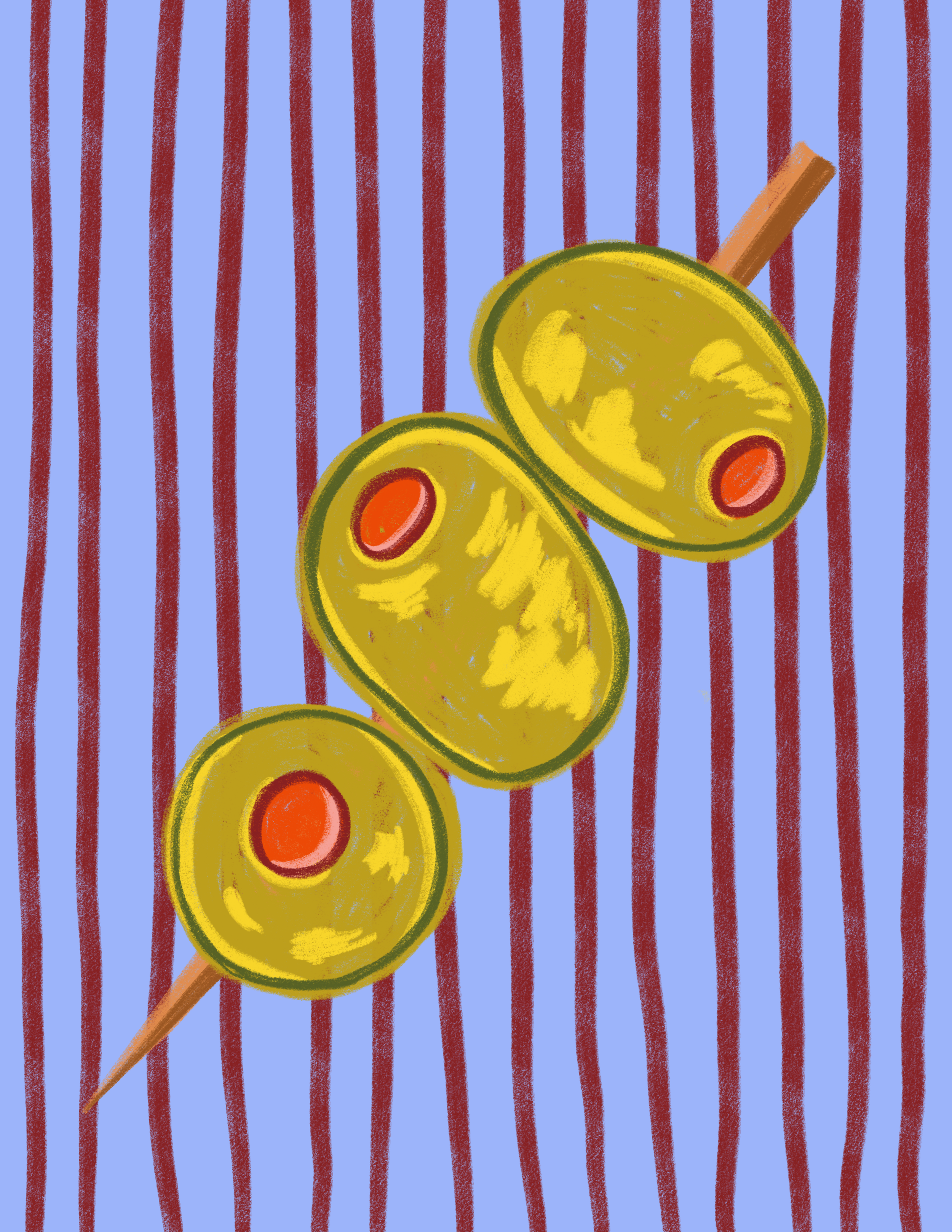 Three olives with pimentos in them on a stick, on a blue background with red vertical stripes.