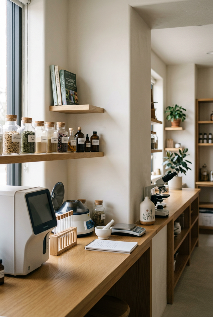 A well-organized herbal or wellness shop with glass jars of dried herbs, books on wellness, a microscope, and herbal preparation tools on a wooden counter near a window. Lab analysis