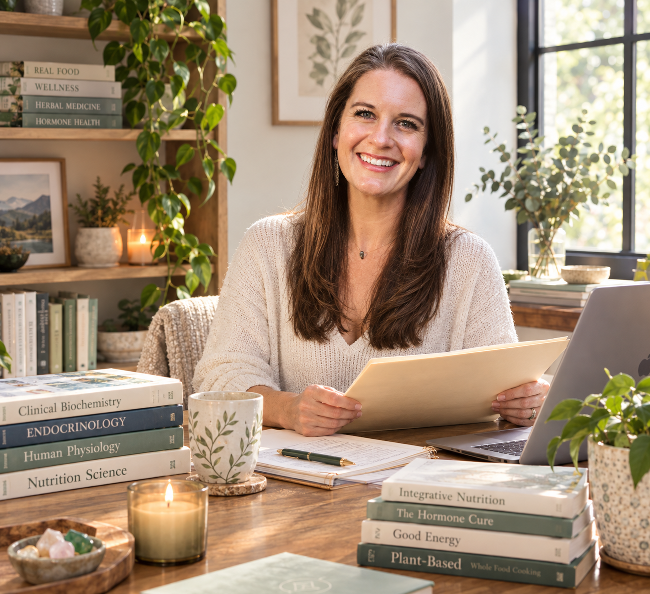 A smiling woman surrounded by books related to health, nutrition, and wellness, with indoor plants and natural light coming through the window. Health coaching. Health Analysis. Understanding health. Health Coach