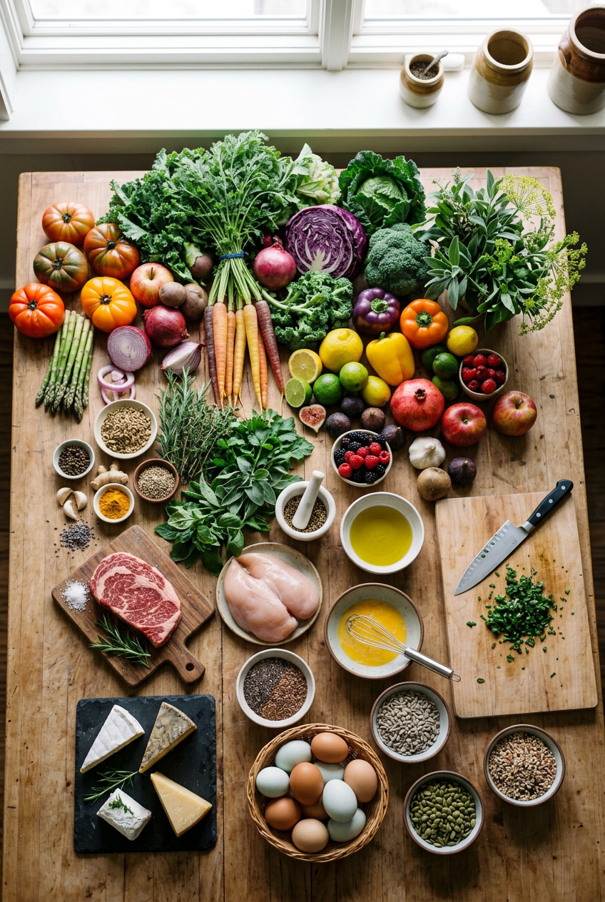 A variety of fresh vegetables, fruits, herbs, spices, eggs, and cheese arranged on a wooden table, with jars of spices and seasonings on the windowsill in the background. Healthy food and diet displayed.