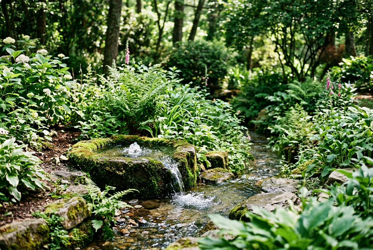 A lush garden with a small moss-covered fountain and a tiny stream surrounded by green foliage and blooming plants. Growth