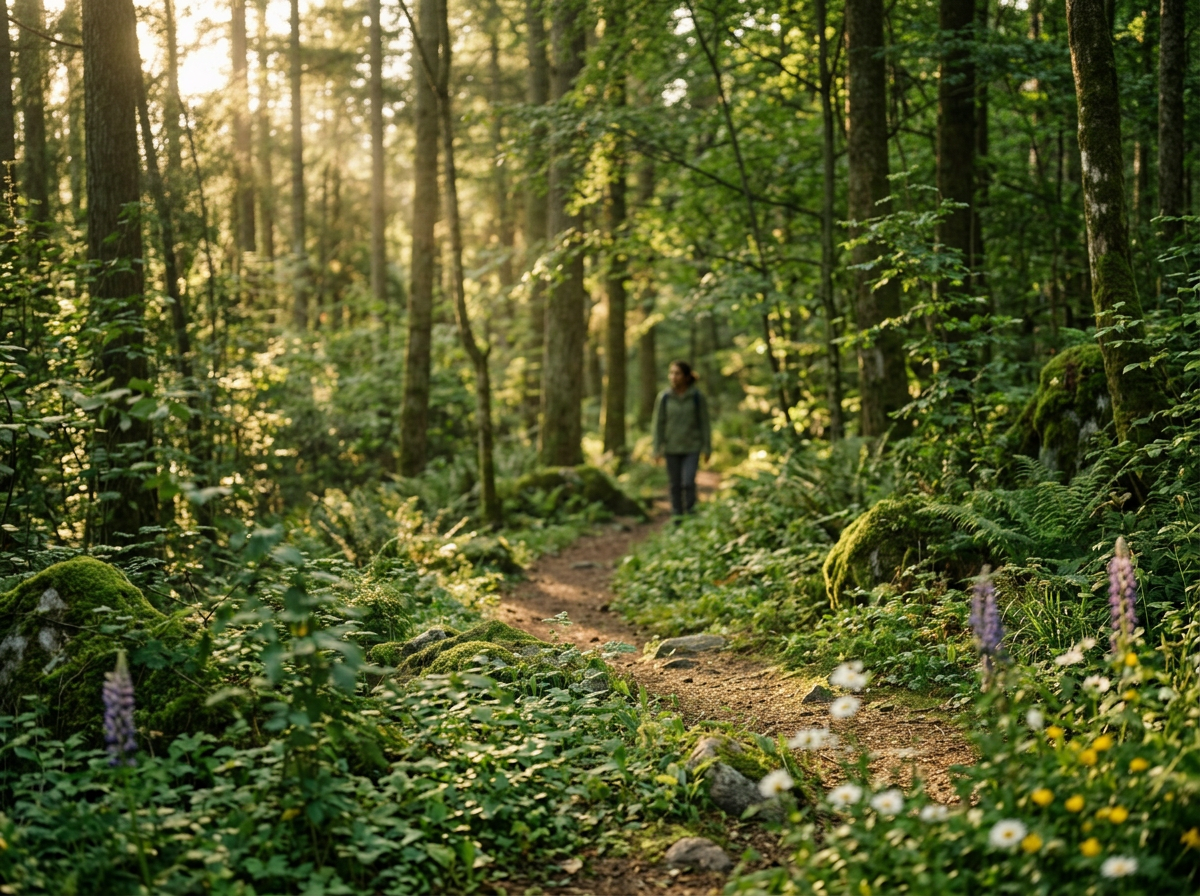 A woman walking on a dirt trail through a lush, green forest during daylight, with sunlight filtering through the trees. Stress-free, relaxed feeling alive.