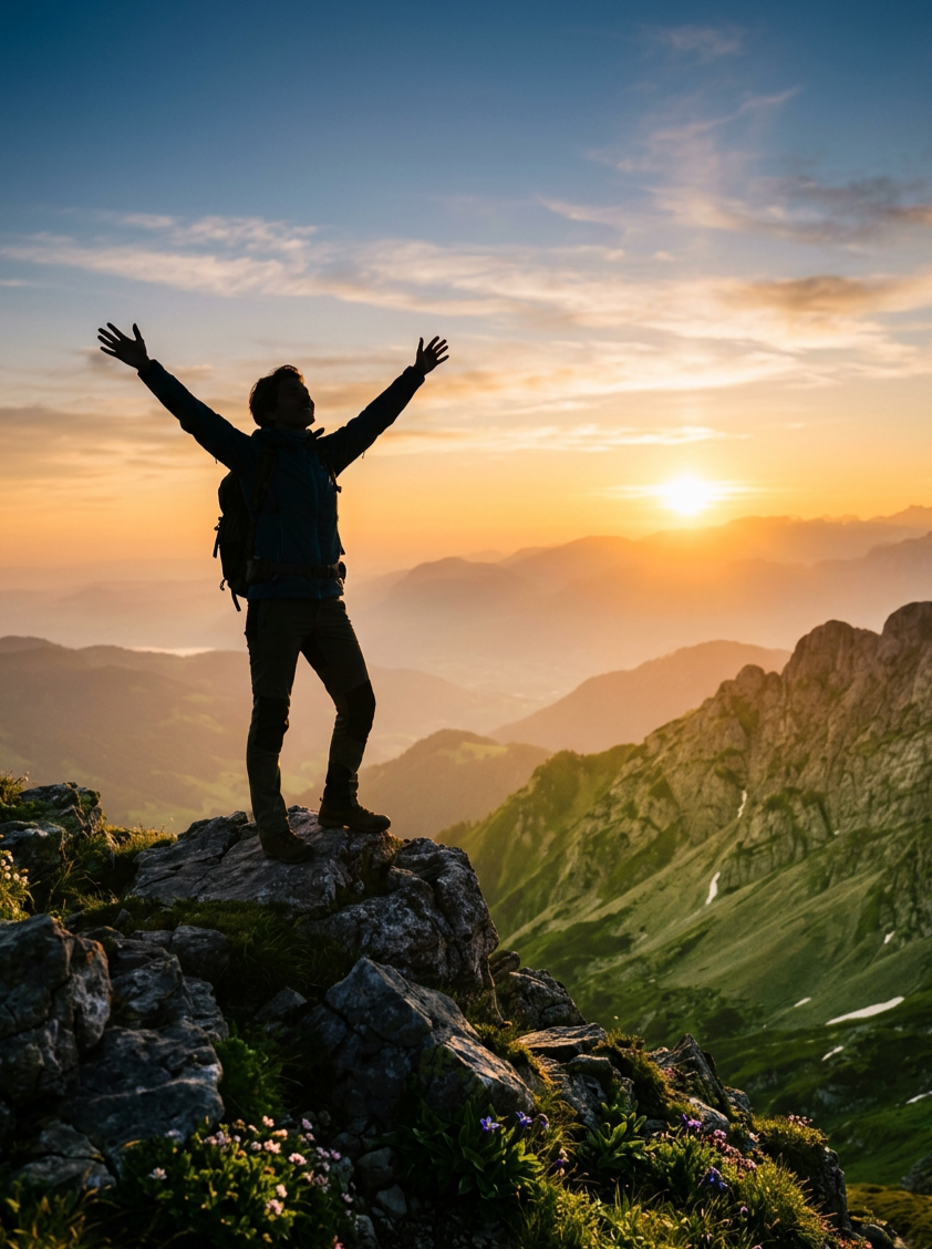 A person standing on a rock on a mountain summit with arms raised, overlooking a scenic valley during sunset with mountains in the background. Accomplishing goals. Goals accomplished