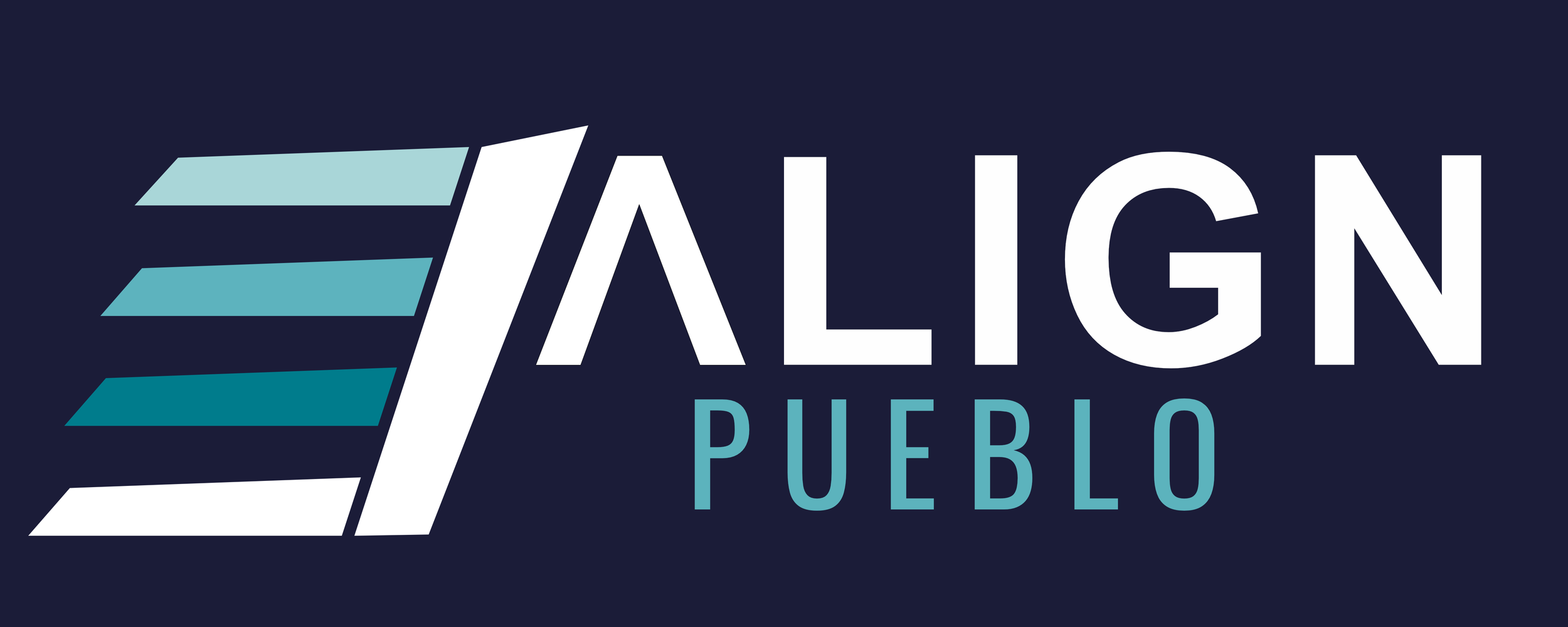 Logo for 'ALIGN Pueblo' with stylized lines and text 'ALIGN Pueblo' on a dark background.