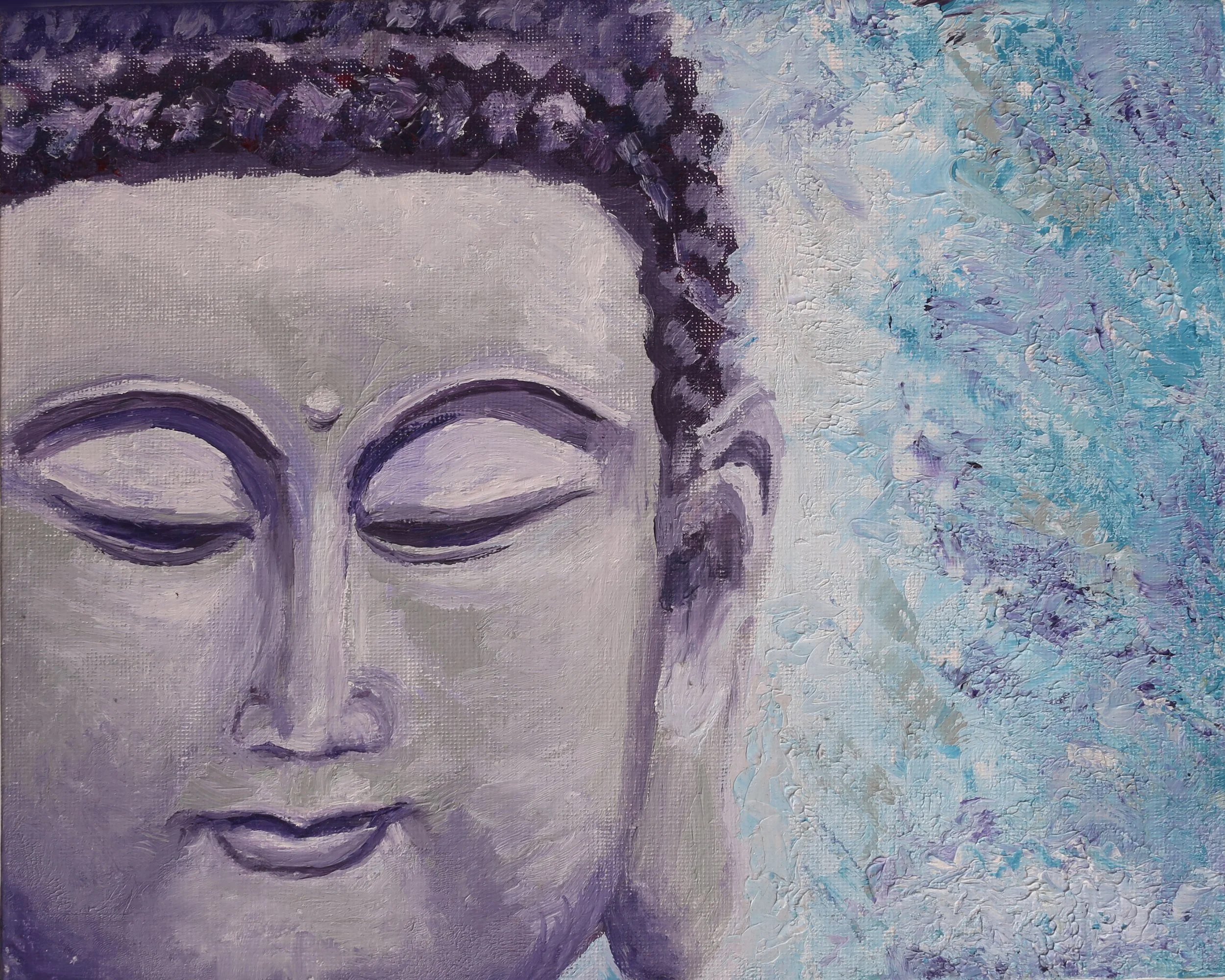 Close-up of a textured painting of a serene face with closed eyes, with purple and white tones and an abstract blue background.