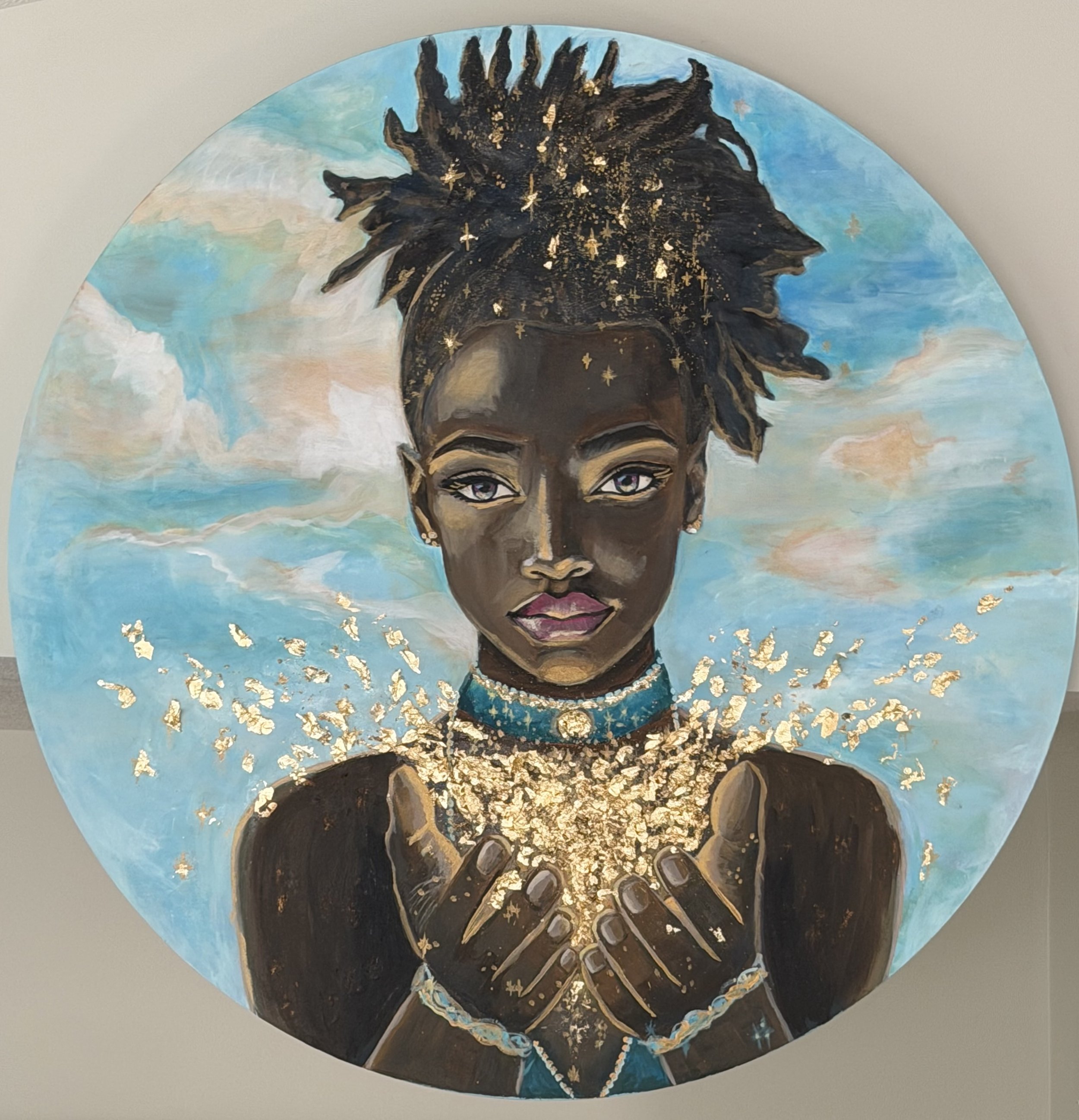 Painting of a Black woman with natural hair decorated with gold stars and moons, set against a pastel sky background.