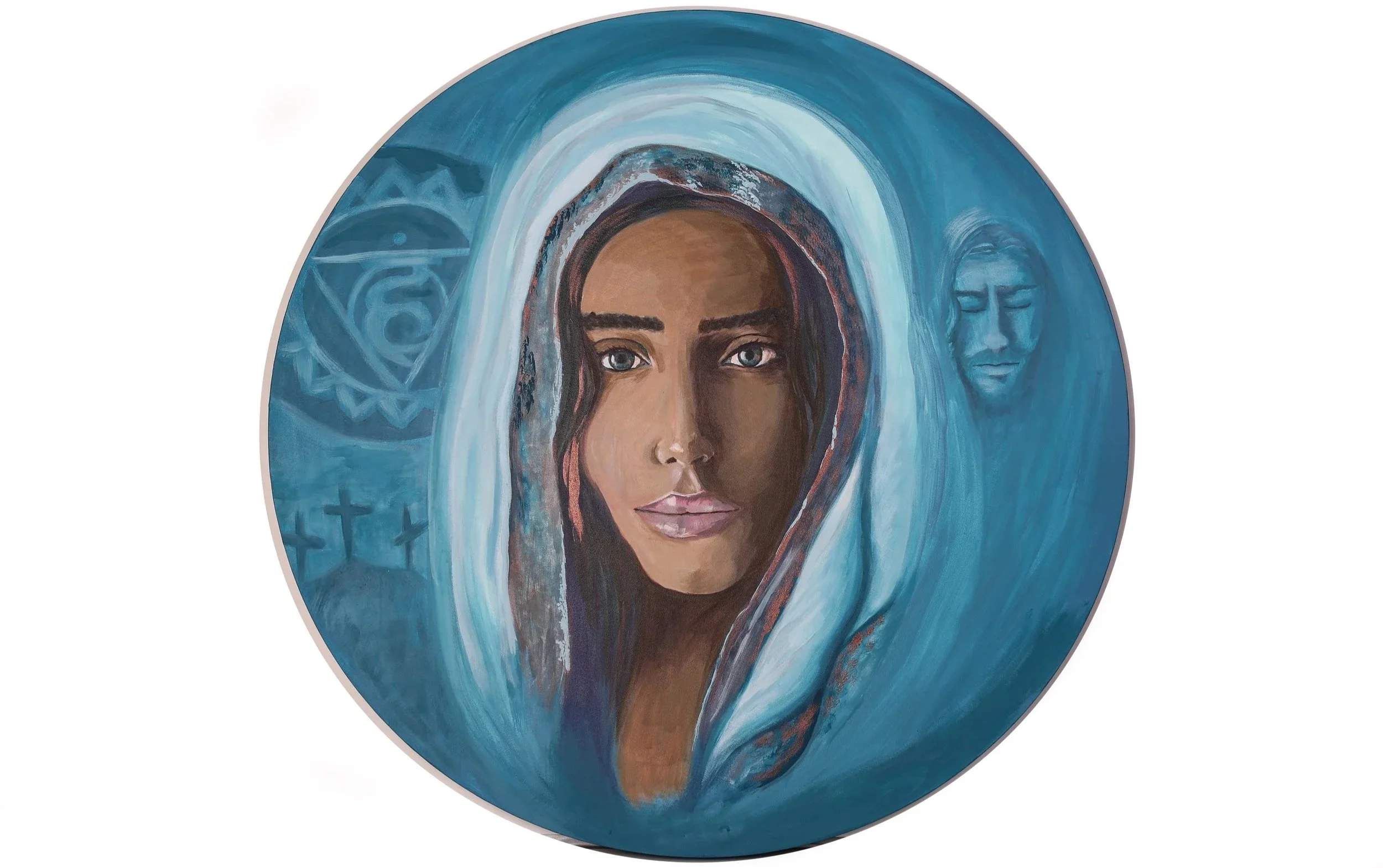A circular painting of a woman with dark hair, blue eyes, and tan skin, wearing a head covering and surrounded by blue and white mystical symbols and figures.