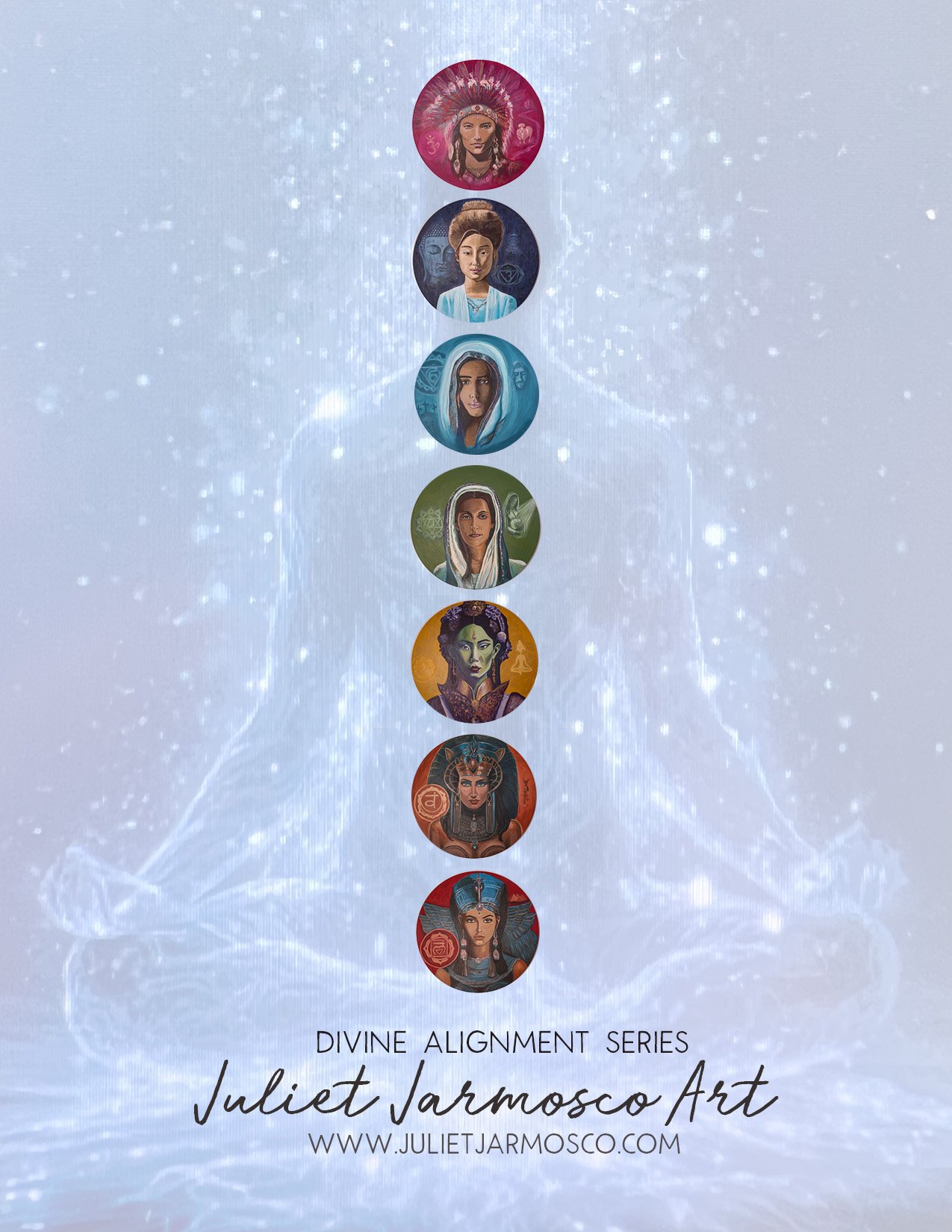 Series of illustrated portraits of women with diverse spiritual and cultural backgrounds, labeled 'Divine Alignment Series' by Juliet Jarmosco, with website URL www.julietjarmosco.com.