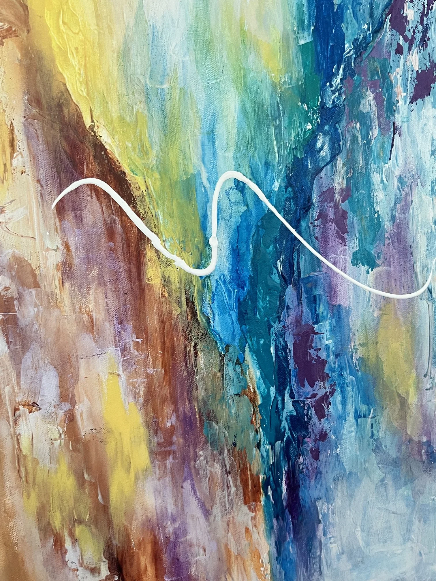 An abstract painting with vibrant colors, including yellow, orange, red, purple, blue, and green, with a white line running diagonally across it.