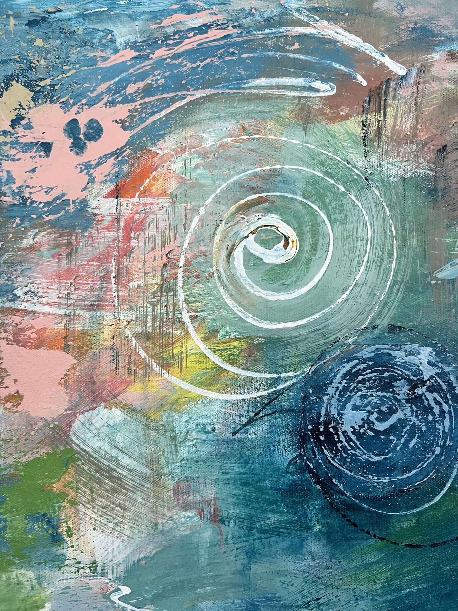Abstract painting with swirling patterns in blue, green, pink, yellow, and white, featuring spiral shapes and splashes of paint.