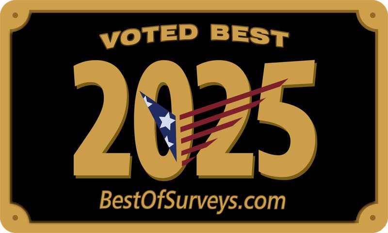 A black and gold award plaque with the text 'Voted Best 2025' and the website 'BestOfSurveys.com'