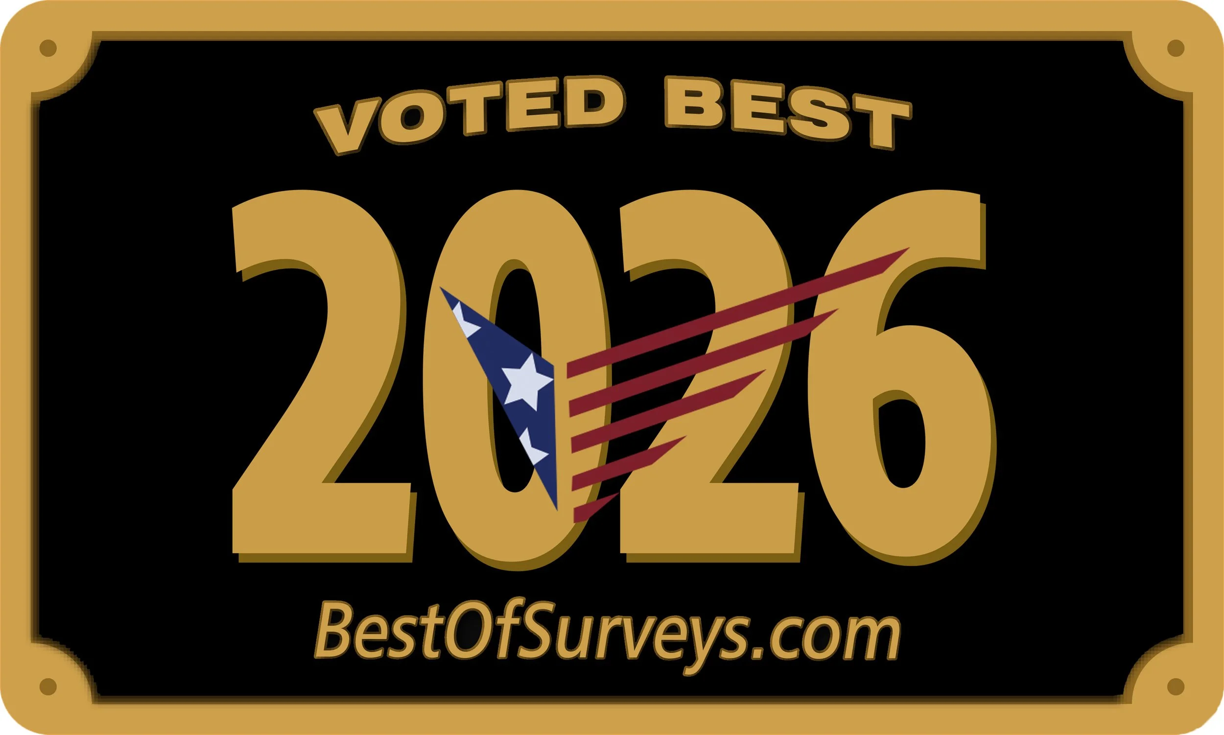 A stylized badge with a black center and gold border, featuring the text 'VOTED BEST 2020' in gold, and a website URL 'BestOfSurveys.com' at the bottom.