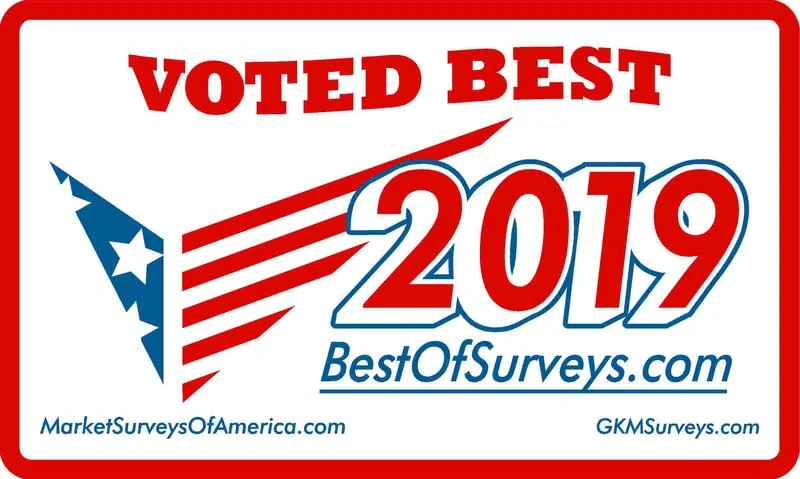 Red and white political sticker with patriotic design, stating 'VOTED BEST 2019', featuring a stylized American flag and the website addresses MarketSurveysOfAmerica.com, BestOfSurveys.com, and GKMSurveys.com.