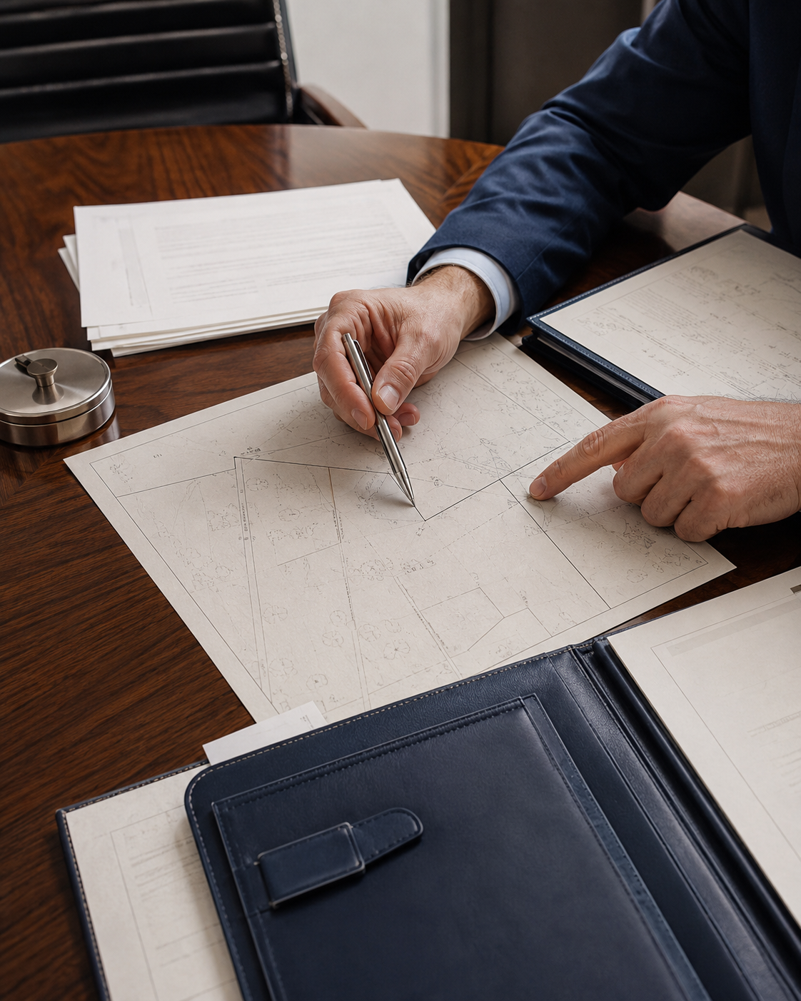 Title professional reviews property plans during closing due diligence.