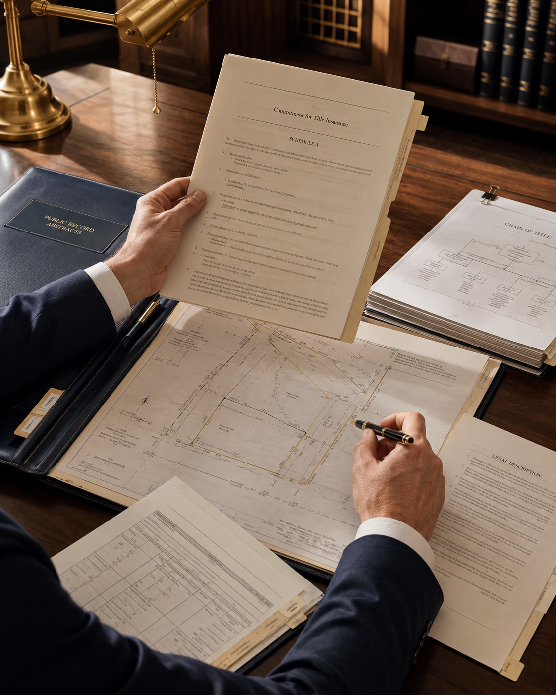 Title professional reviews commitment, survey, and property records carefully.
