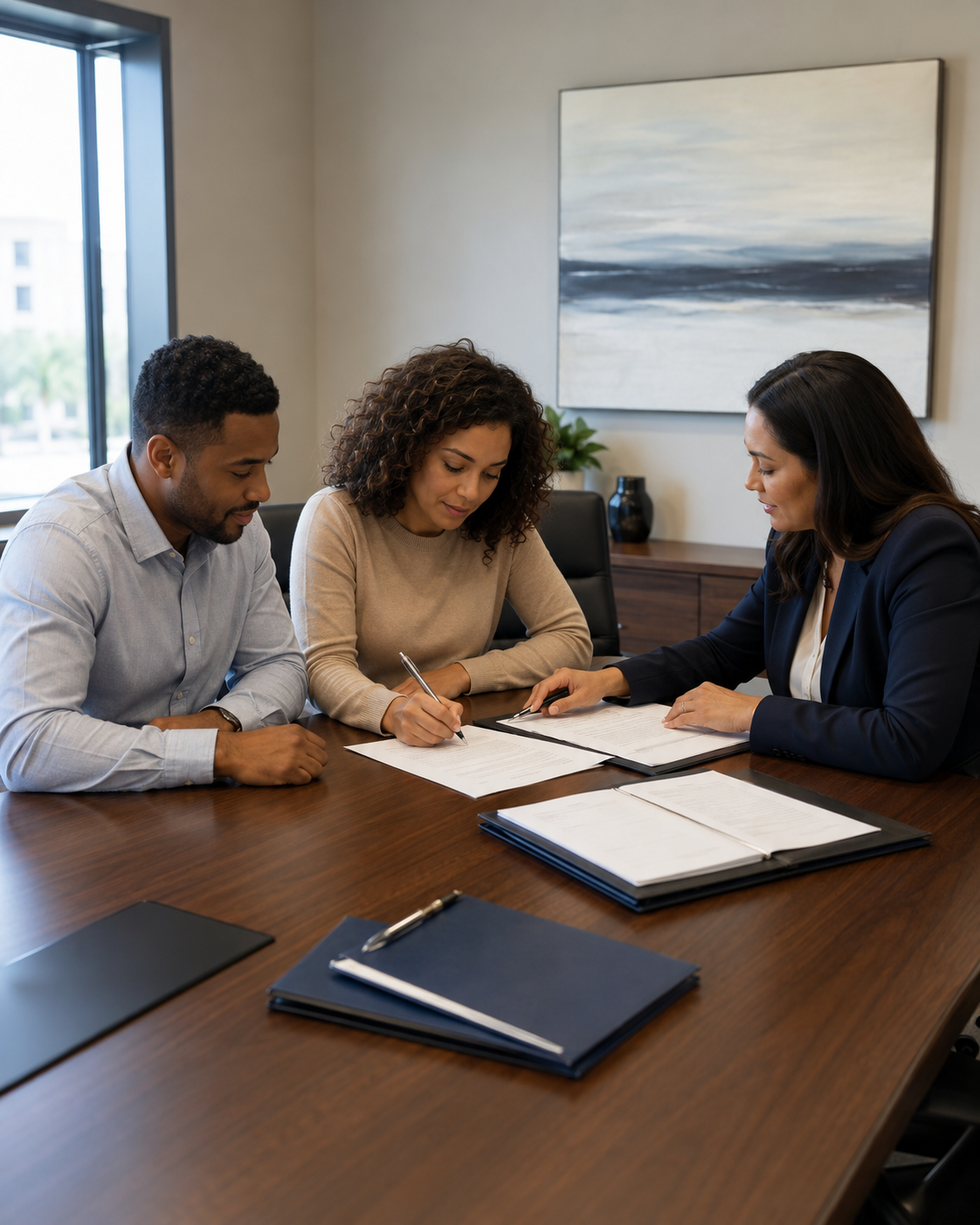 Closing professional guides clients reviewing title and escrow documents