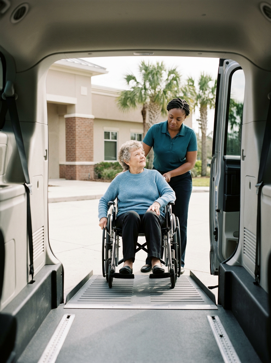 RideWell NEMT driver guiding an older passenger in a wheelchair straight up the accessible van ramp
