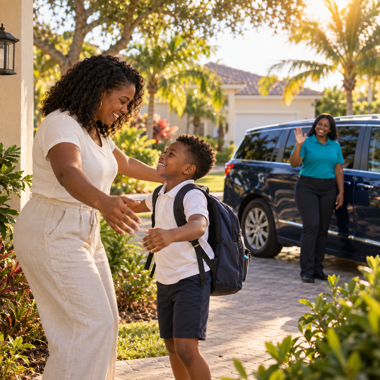 Authorized adult welcoming a student home after a safe RideWell school ride