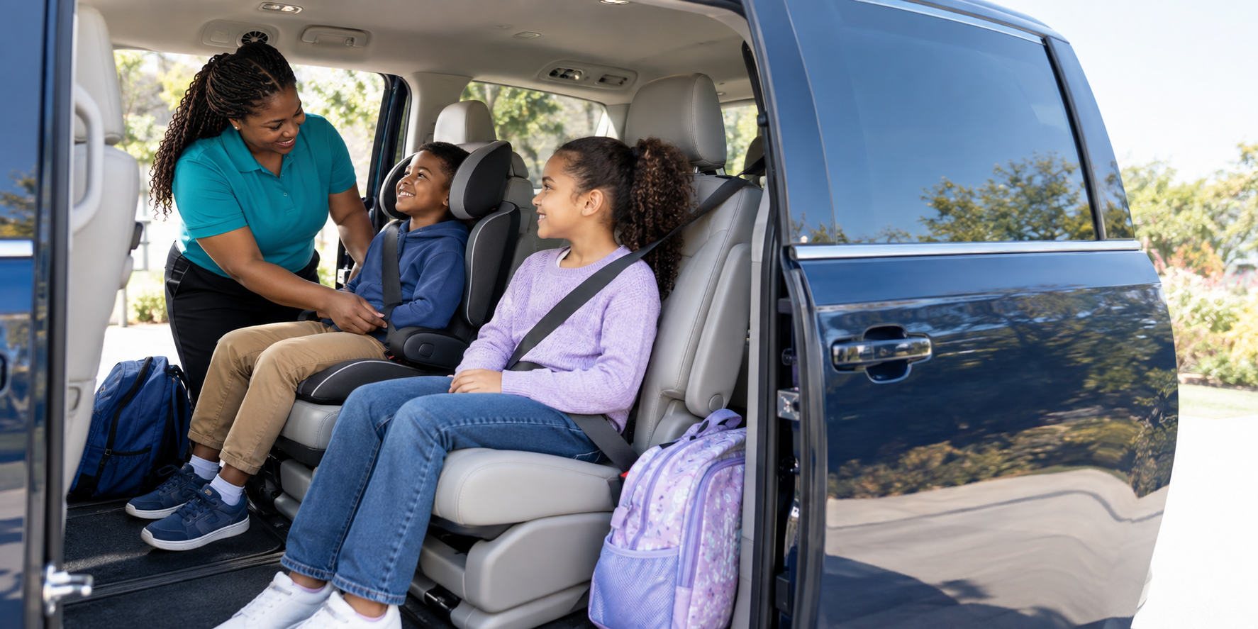 RideWell driver checking seat belts and supervising students before departure
