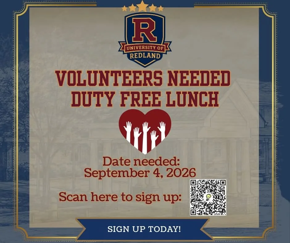 Poster from the University of Redland requesting volunteers for a duty-free lunch on September 4, 2026, with a QR code to sign up.