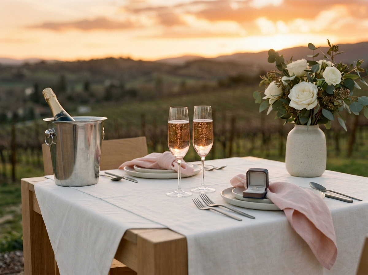 Romantic sunset wedding proposal dinner in a Sonoma Wine Country vineyard with pink champagne and an engagement ring.