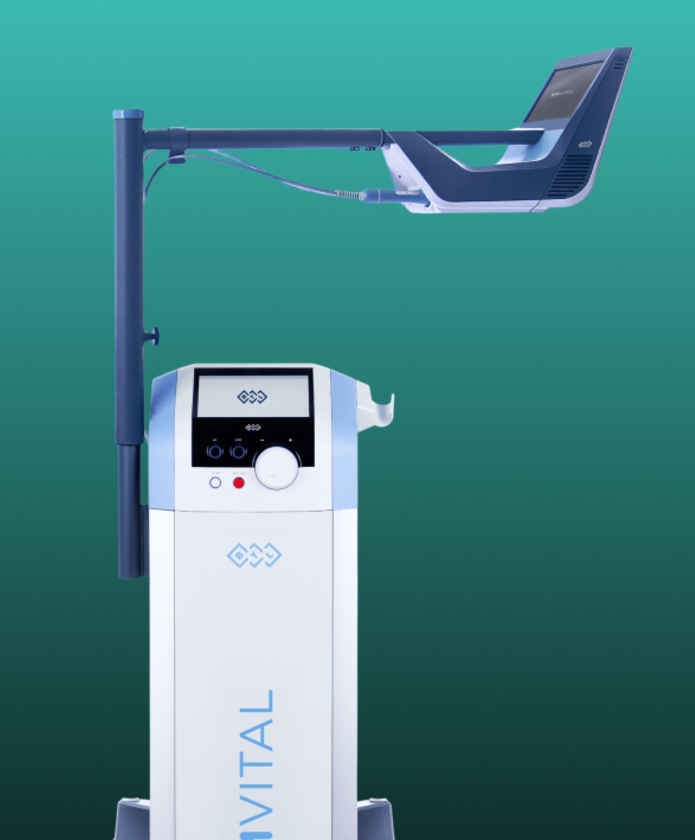 A medical or dental device with a monitor and control panel, mounted on a stand with a pole, set against a green background.