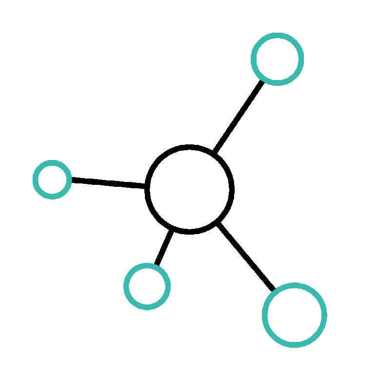 Diagram of a central black circle connected to four surrounding circles with lines, each circle outlined in blue.