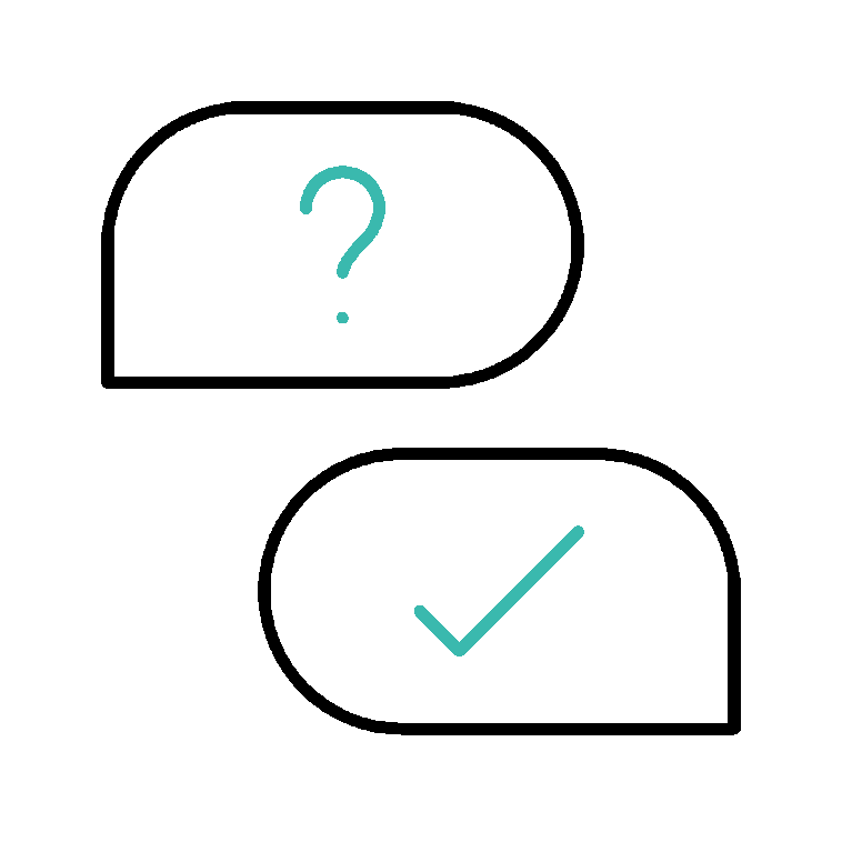 Speech bubbles rotating. One speech bubble has a checkmark, the other has a question mark.