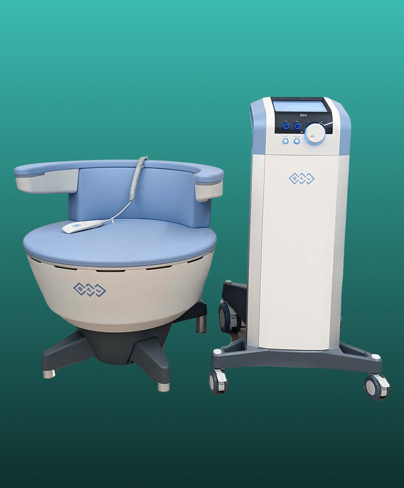 Medical equipment including a specialized chair with a hand-held device and a control unit on wheels, used for medical treatments or examinations.
