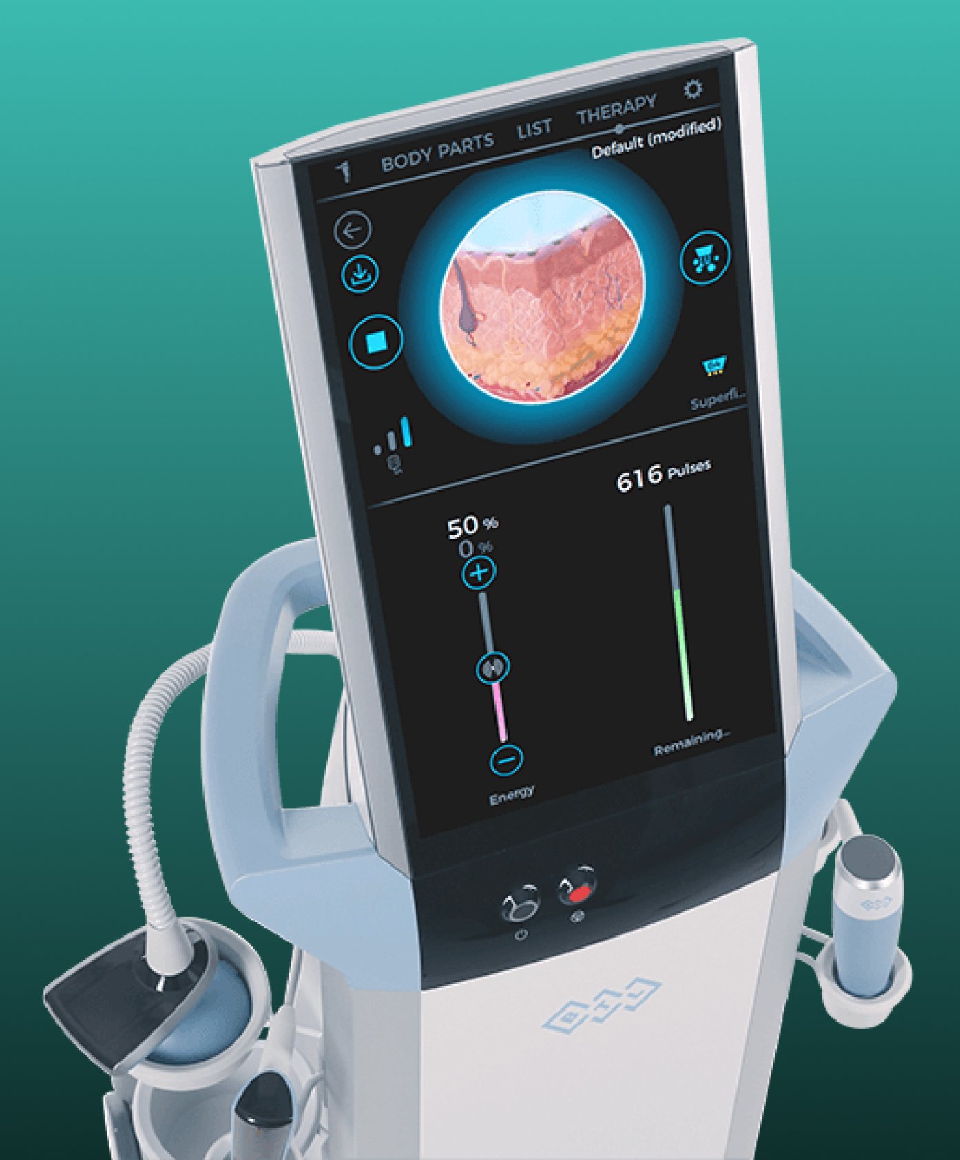 Medical device screen displaying a close-up of skin tissue with tools and options for body parts, list, therapy, and default settings, on a teal background.
