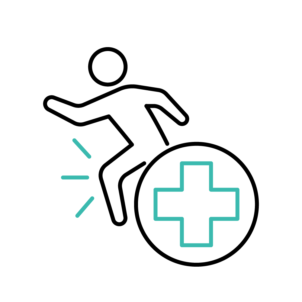 Medical cross symbol with a stick figure graphic and lines by the knee area.