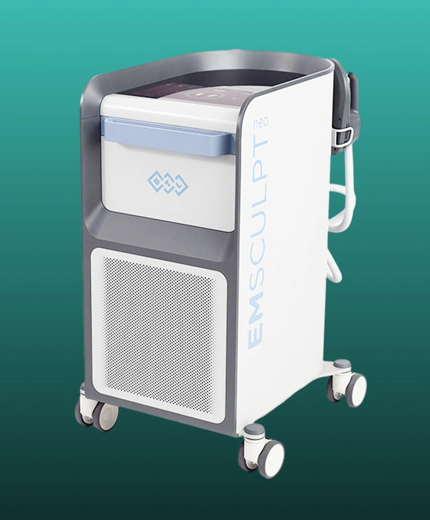 A medical device, specifically an EMSCULPT Neo, on wheels with a digital screen on top. The device is white with gray accents and features the words 'EMSculpt NEO' on its side.