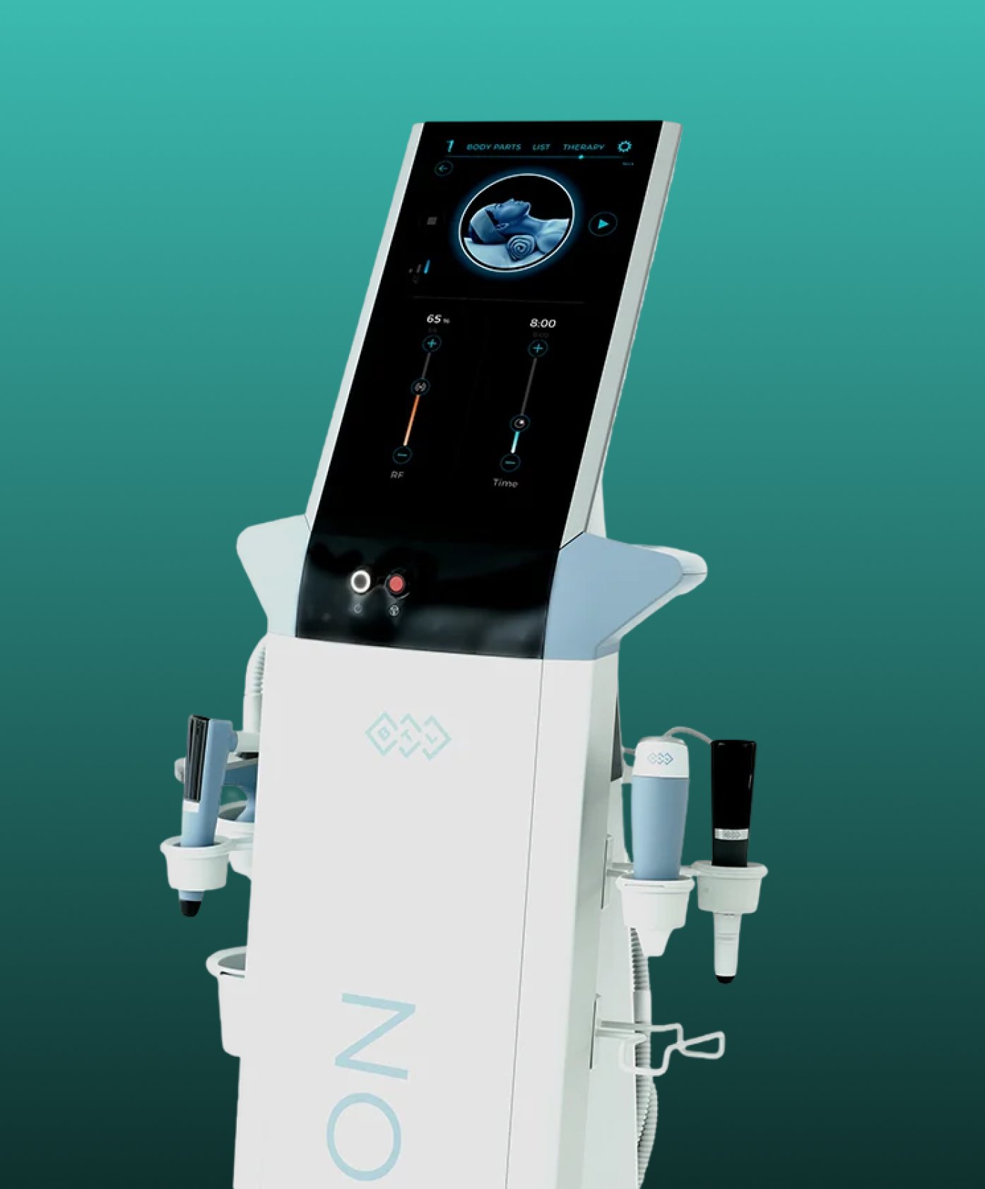 A medical device with a touchscreen display showing controls and options for body therapy, mounted on a white stand with various attached tools and accessories.
