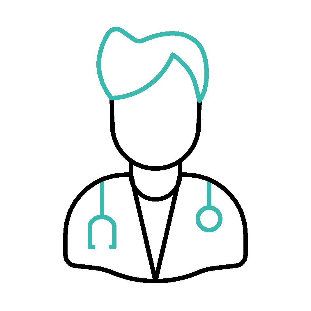 Line drawing of a doctor with a stethoscope around their neck.