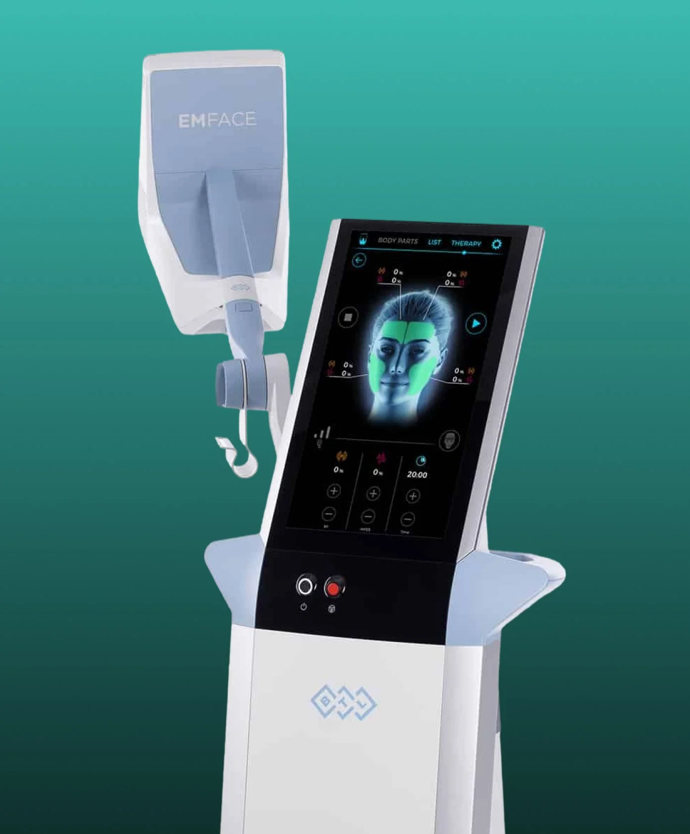 A medical device with a screen displaying a digital image of a human face, highlighting facial regions in green, and a handheld component attached to the device. The device is labeled EMFACE.
