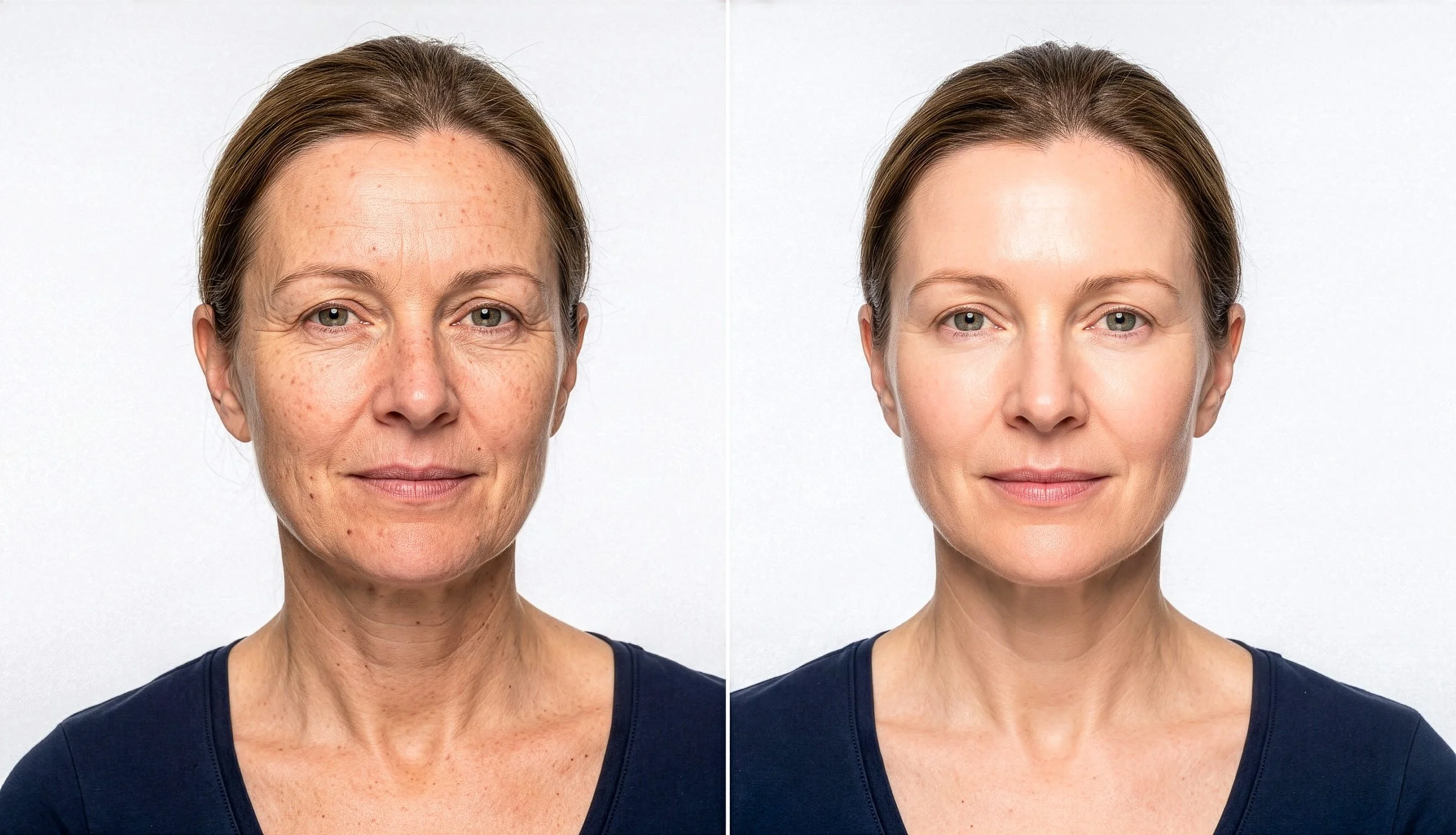 Before and after images of a woman showing skin improvements, with visible reduction in wrinkles, spots, and pigmentation