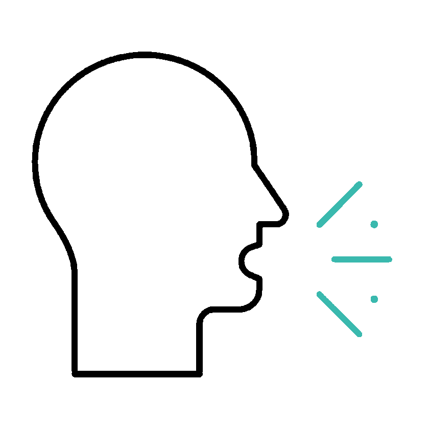 Outline of a person's head and mouth, facing right, over a teal background.