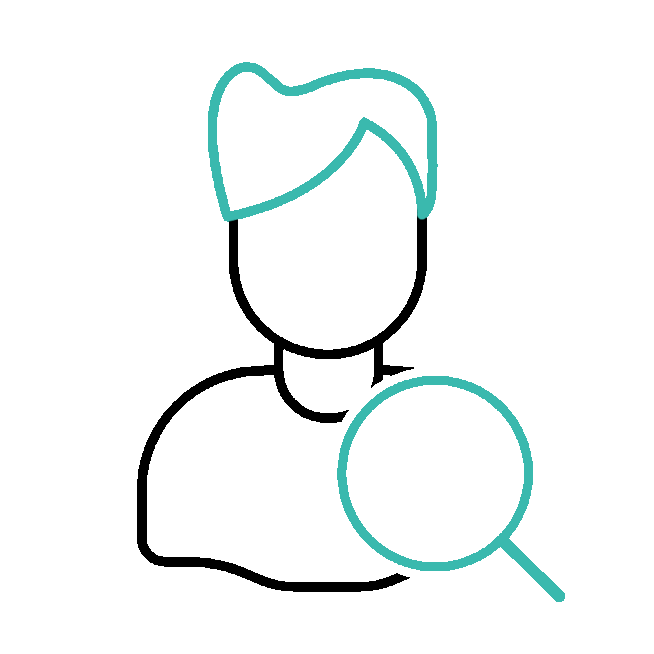 Outline of a person, and a magnifying glass in front.