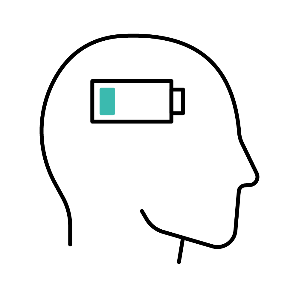 A black and white drawing of a human head, with a battery icon illustration showing very low power.