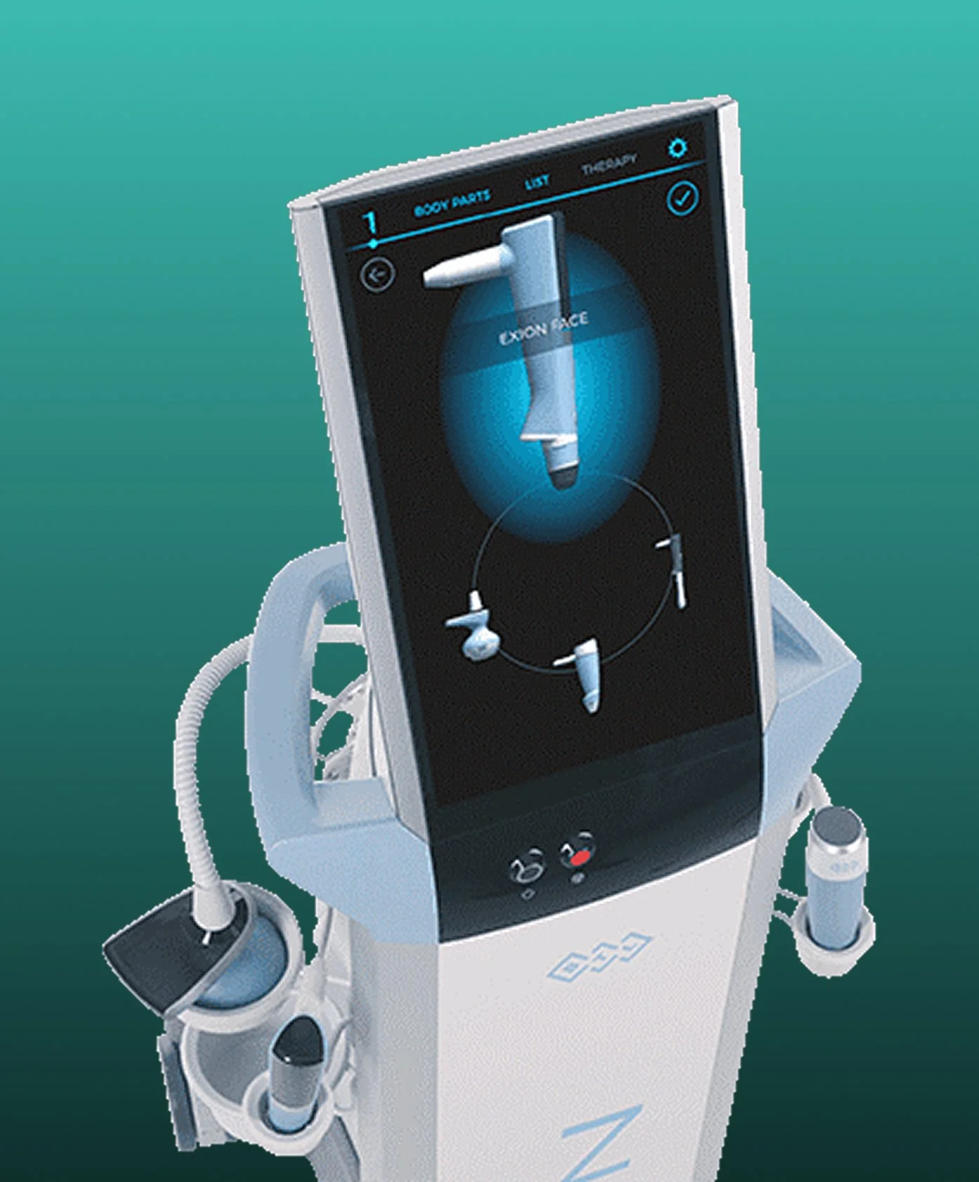 A medical robot with a large vertical screen displaying a design of a face with a nose and mouth, surrounded by various controls, hoses, and mechanical appendages in a clinical setting.