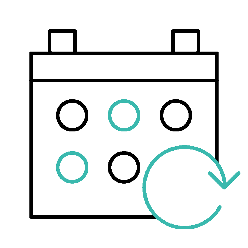 Outline of a calendar with dates, one of which has a circular arrow indicating a rotation or cycle.