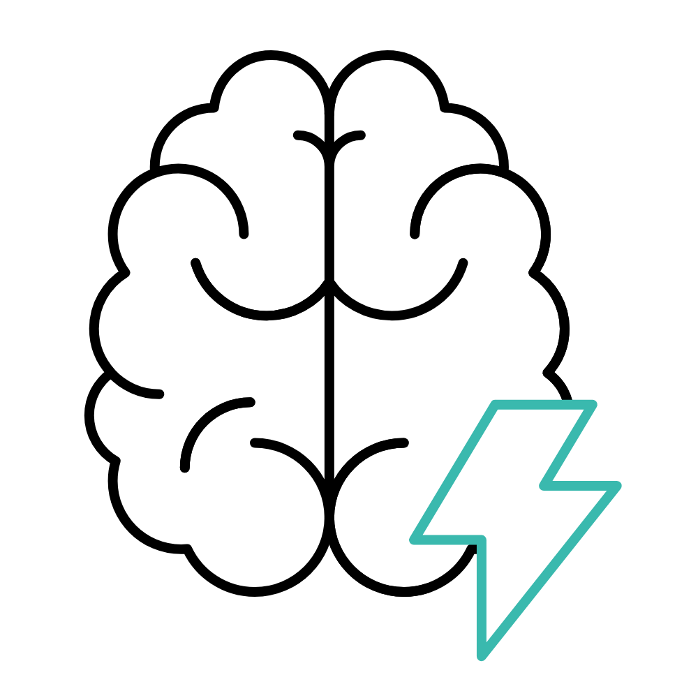 A black and white line graphic of a brain with a thunderbolt shape to the bottom right of the brain.