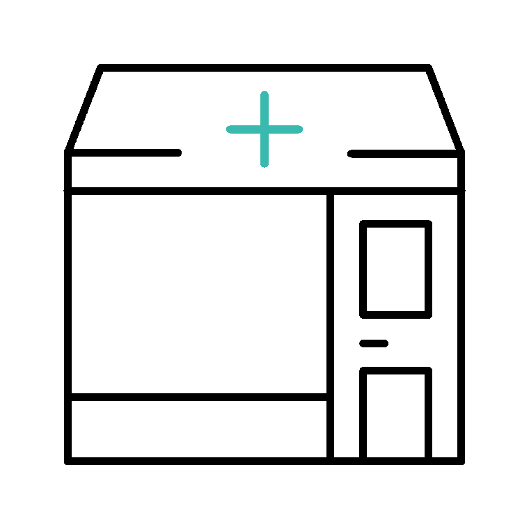 Outline of a hospital or medical building with a cross symbol on the top and rotating medications inside the window outline.