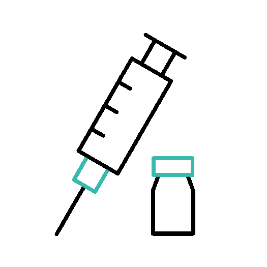 Drawing of a syringe and a small vial or bottle, with the syringe positioned as if to draw liquid from the vial.