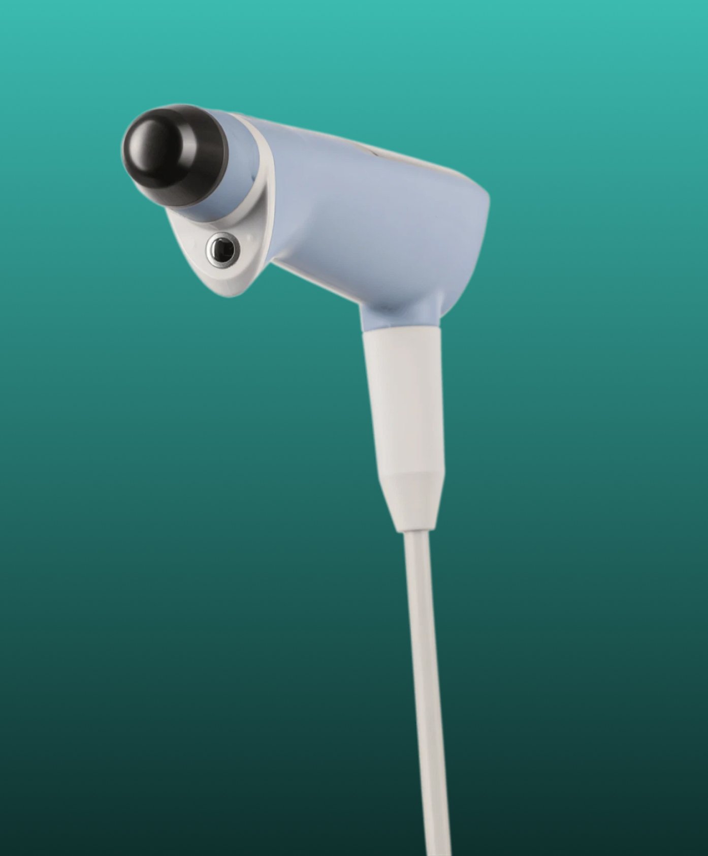 A medical otoscope device with a black viewing tip and a white body, connected to a long white handle, set against a teal background.