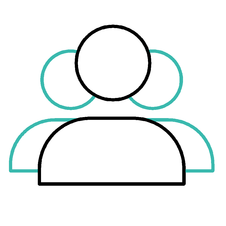 Icon of a person with three smaller person icons behind, representing a group or team.