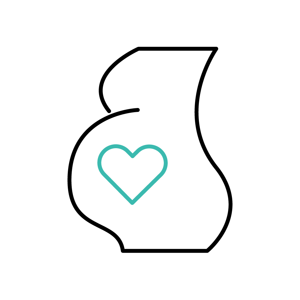A black and white line graphic depicting a pregnant woman with a heart symbol inside the abdomen.