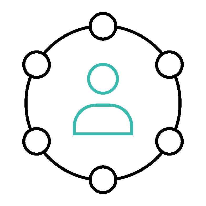 A circular diagram with six empty circles connected in a loop against a teal background.