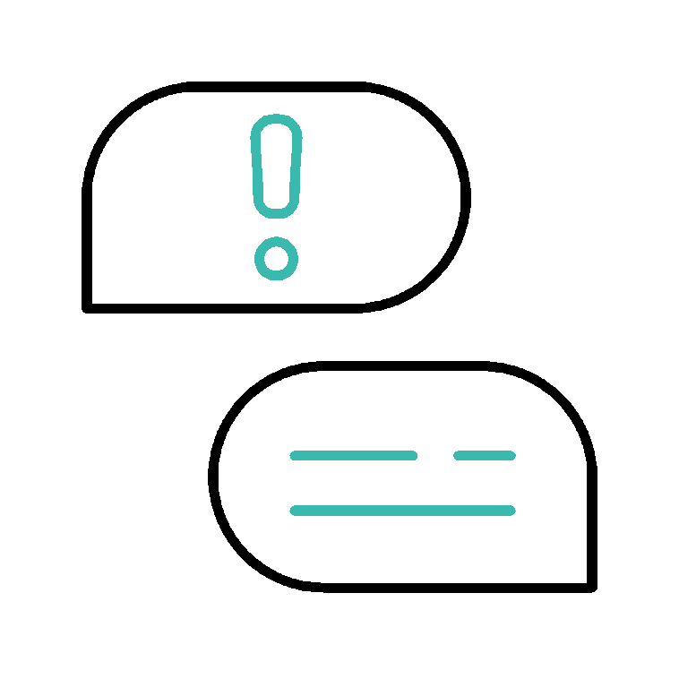 Digital speech bubbles with turquoise rectangles and black curved lines.