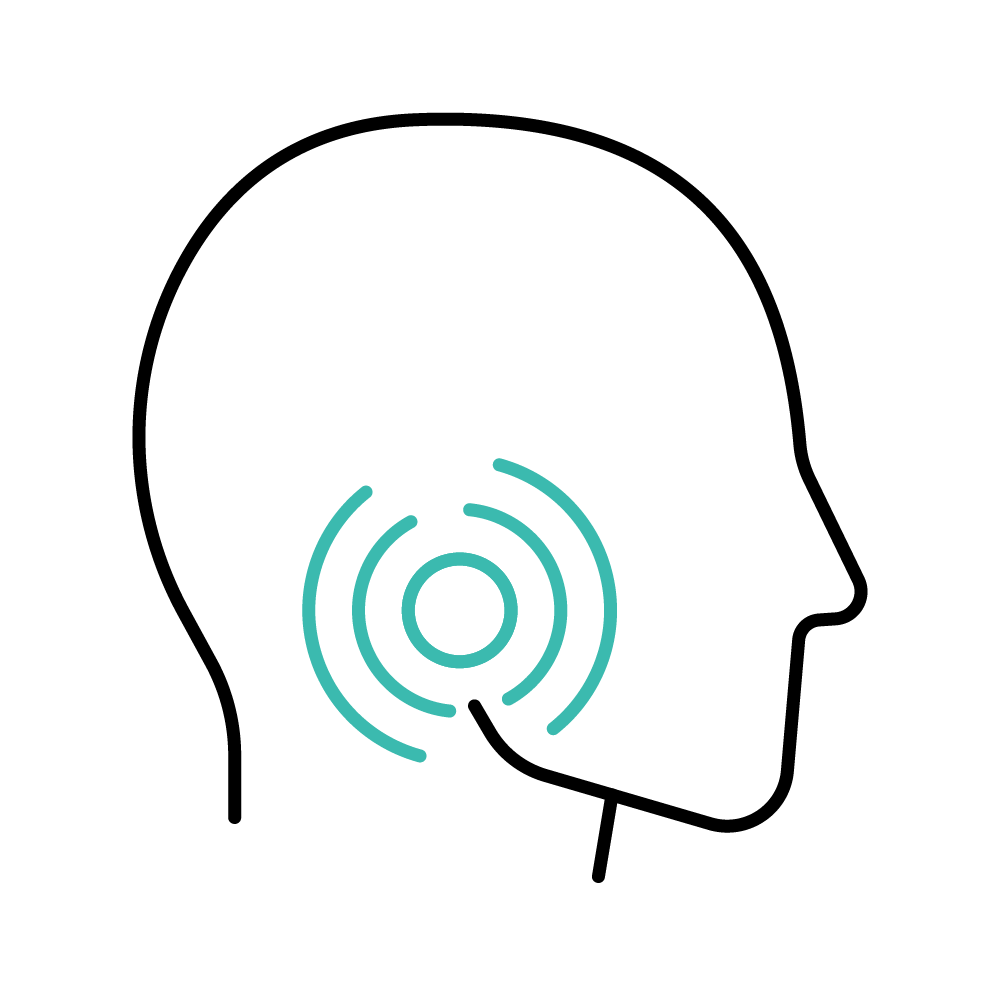 Icon of pain lines signal emitting from the jaw of a head outline.